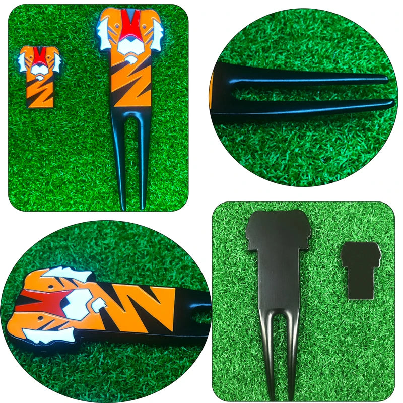 Golf Divot Repair Tool with Golf Ball Marker Anti-Scratch Cartoon Tiger Pattern Golf Pitch Repairer Divot Tool Golf Accessory